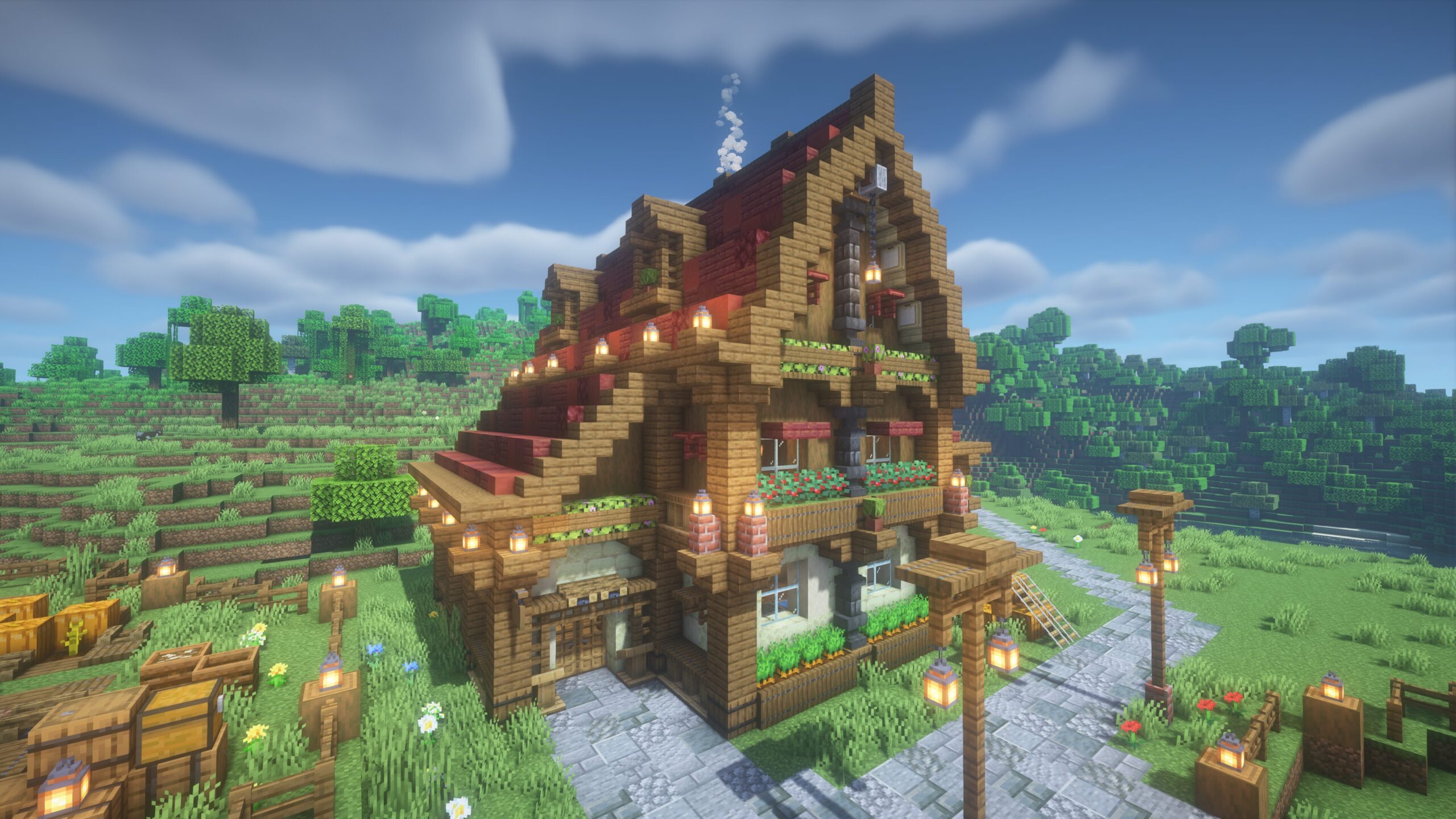 マインクラフトで建築した赤い屋根のおしゃれなカボチャカフェの外観