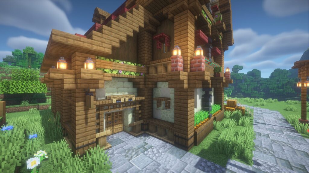 マインクラフトで建築した赤い屋根のおしゃれなカボチャカフェの玄関先