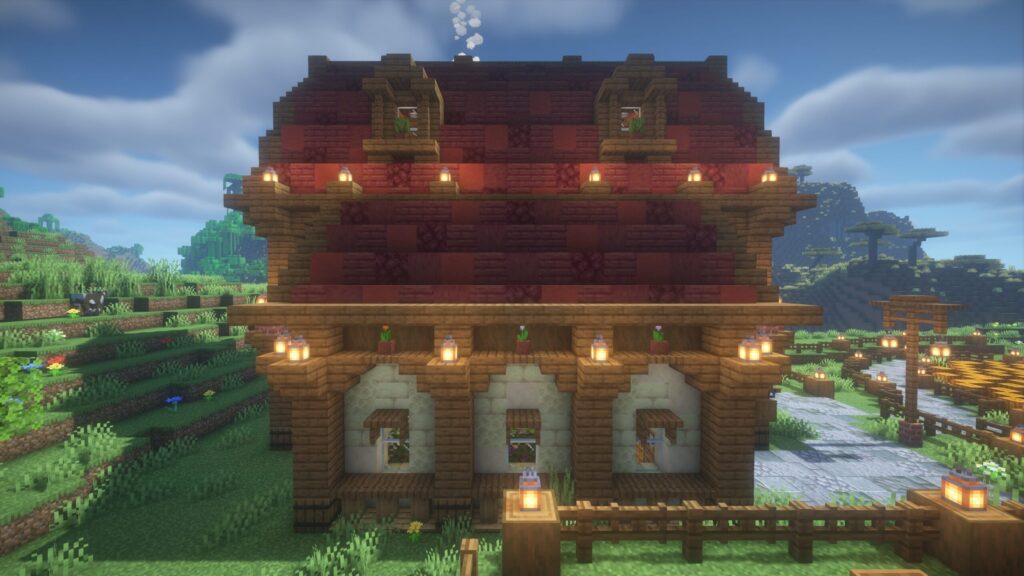 マインクラフトで建築したカフェの右側。足元の土台装飾として、書見台の上にトウヒのトラップドアを重ねている。