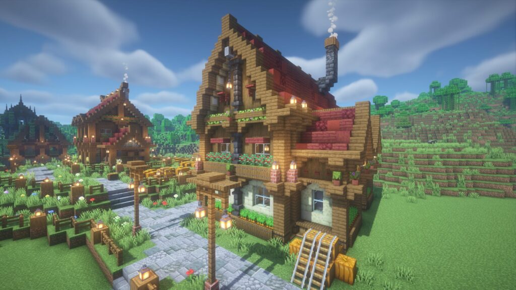 マインクラフトのカフェを側面から撮影した画像。屋根から伸びる石造りの煙突や、建物の脇に積み上げられたカボチャの装飾が見える。