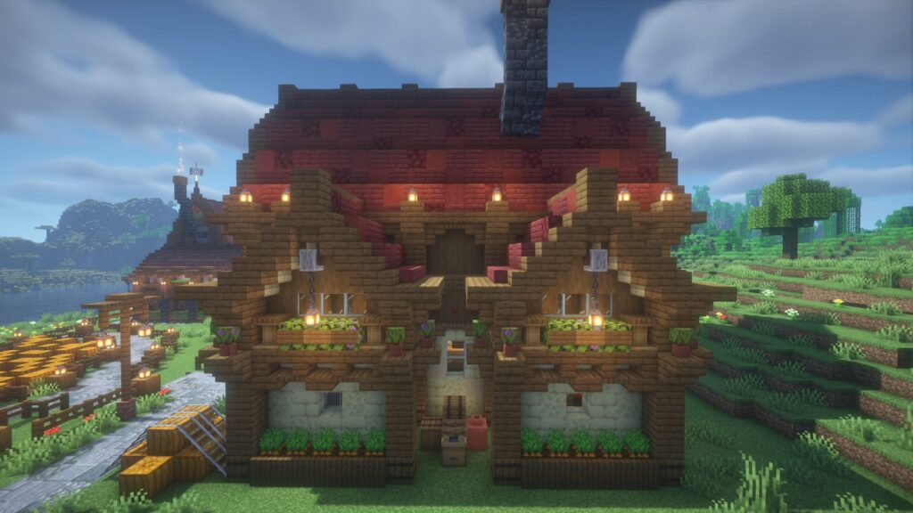 マインクラフトで建築したカフェの側面。後から増築した設定の2つの小部屋があり、その間には樽やチェストなどの荷物が無造作に置かれている。